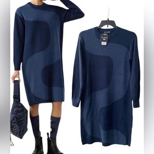Marimekko x Uniqlo Wool Sweater Dress Navy Wave Print XS NWT